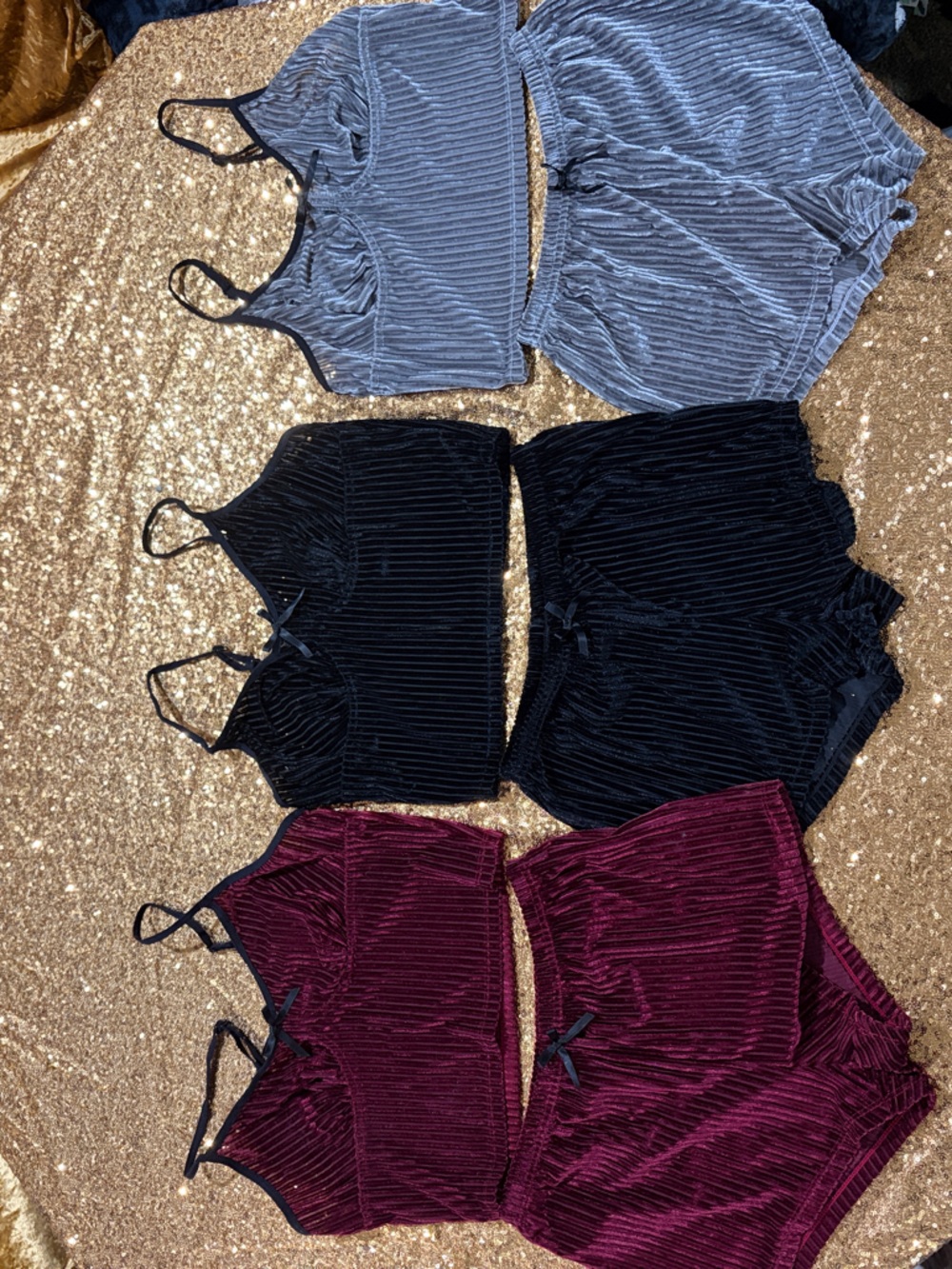 SHEIN Velvet Ribbed Cami & Short Sleep Sets - Blue, Black, Burgundy